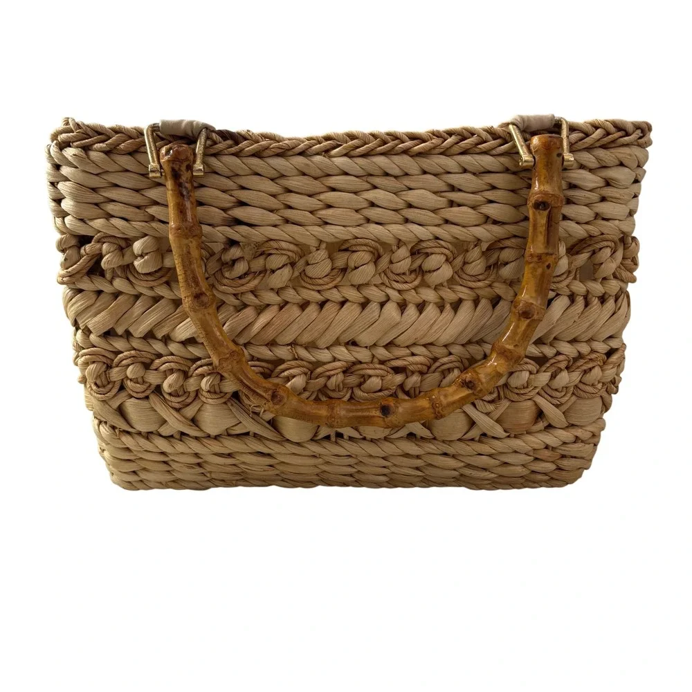 Cappelli Straworld Woven Straw Handbag Bamboo Handle Palm Tree Lining Tan Boho